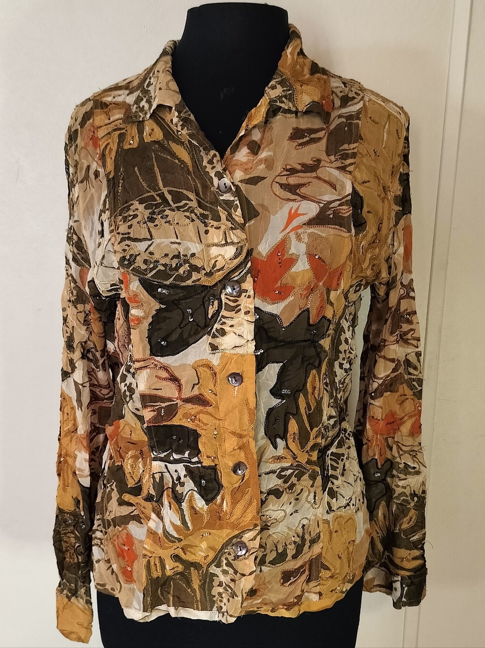 Chico's Brown and Tan Embroidered Rayon Top